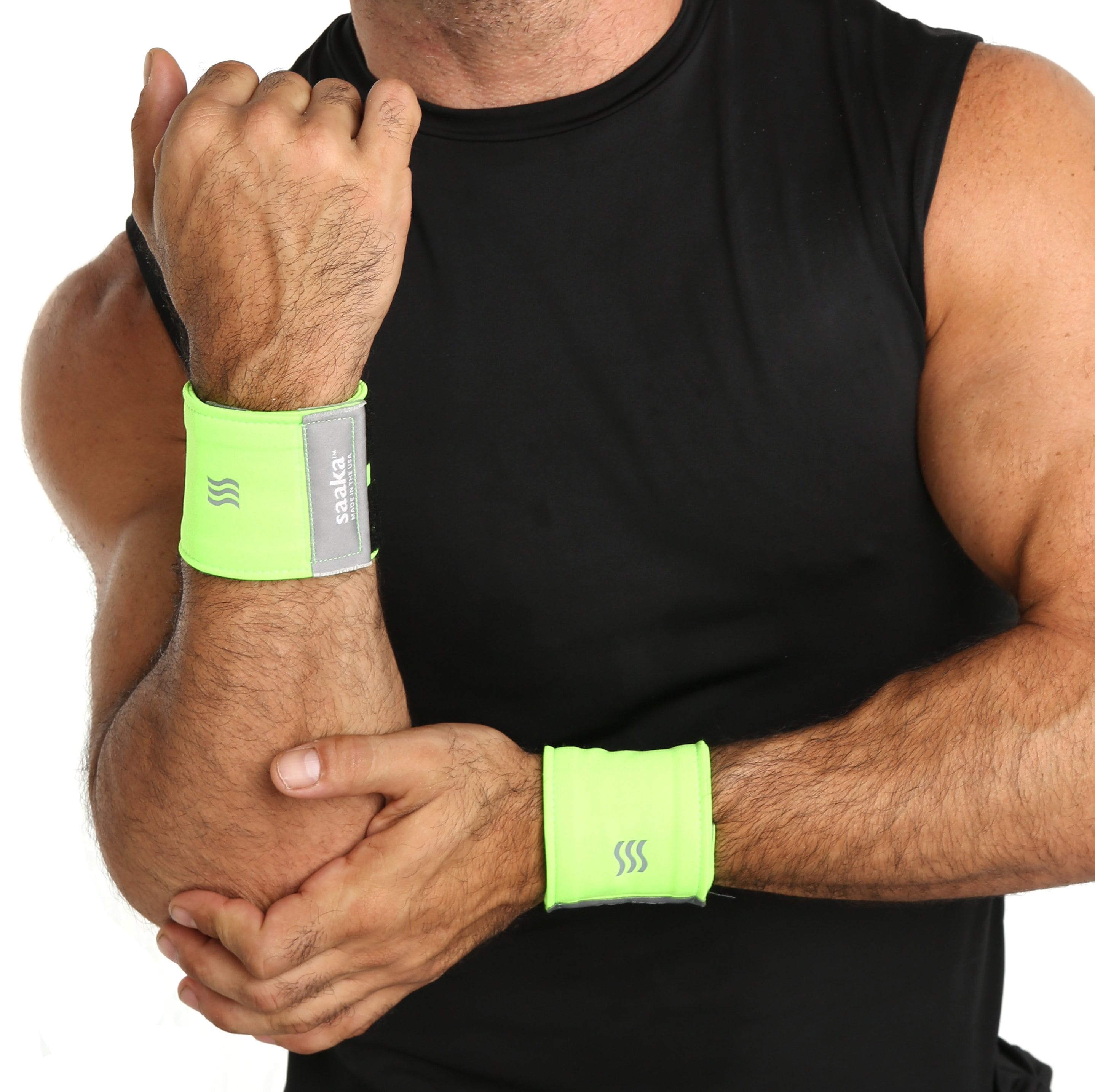 Guy wearing wrist sweatbands in a neon green color.