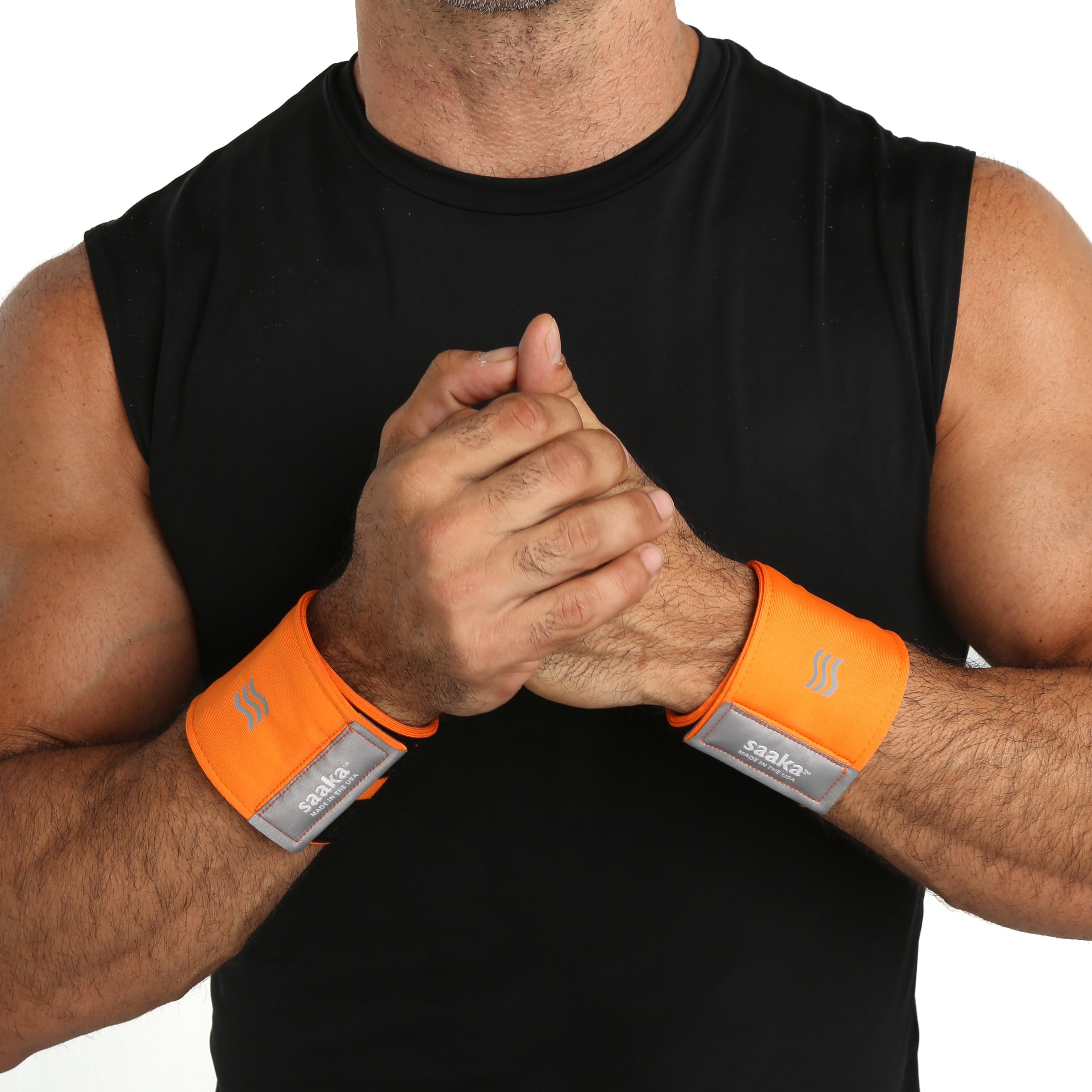 Man wearing wristbands in orange color.