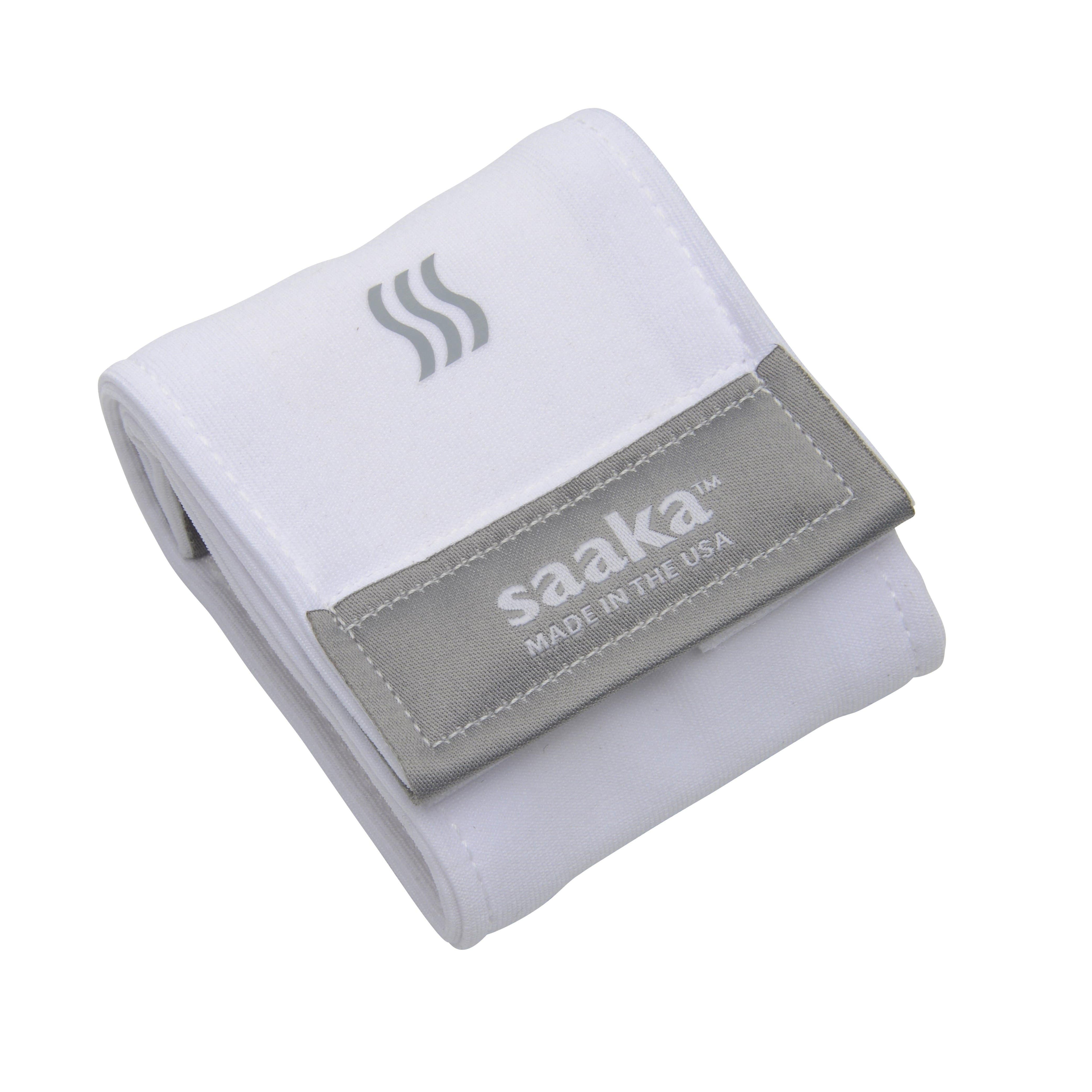 Product photo of a white sweat wicking wristband