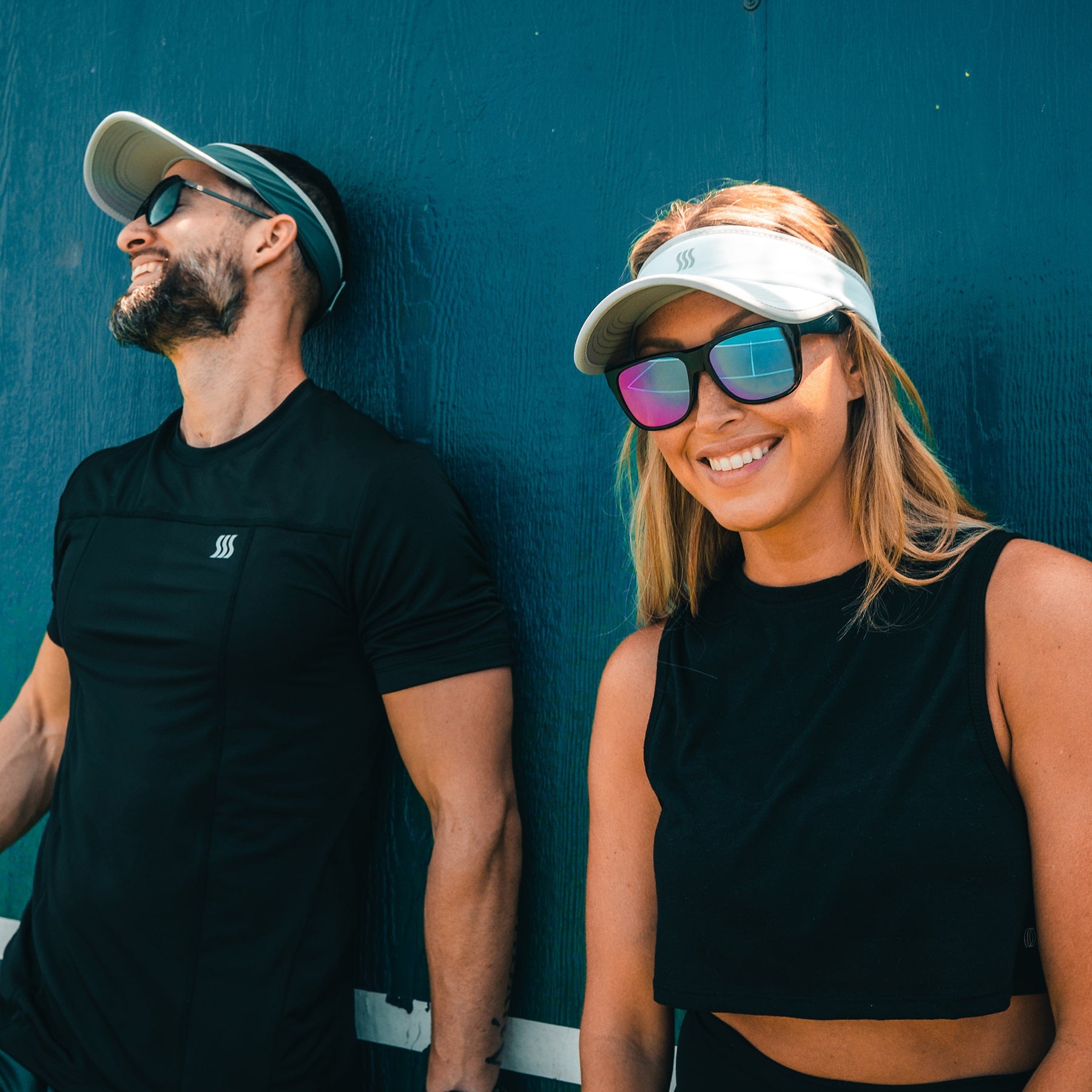 Women and man enjoying their sport visors while playing tennis & running. This visor offers sun protection and is soft and lightweight so it is always comfortable.