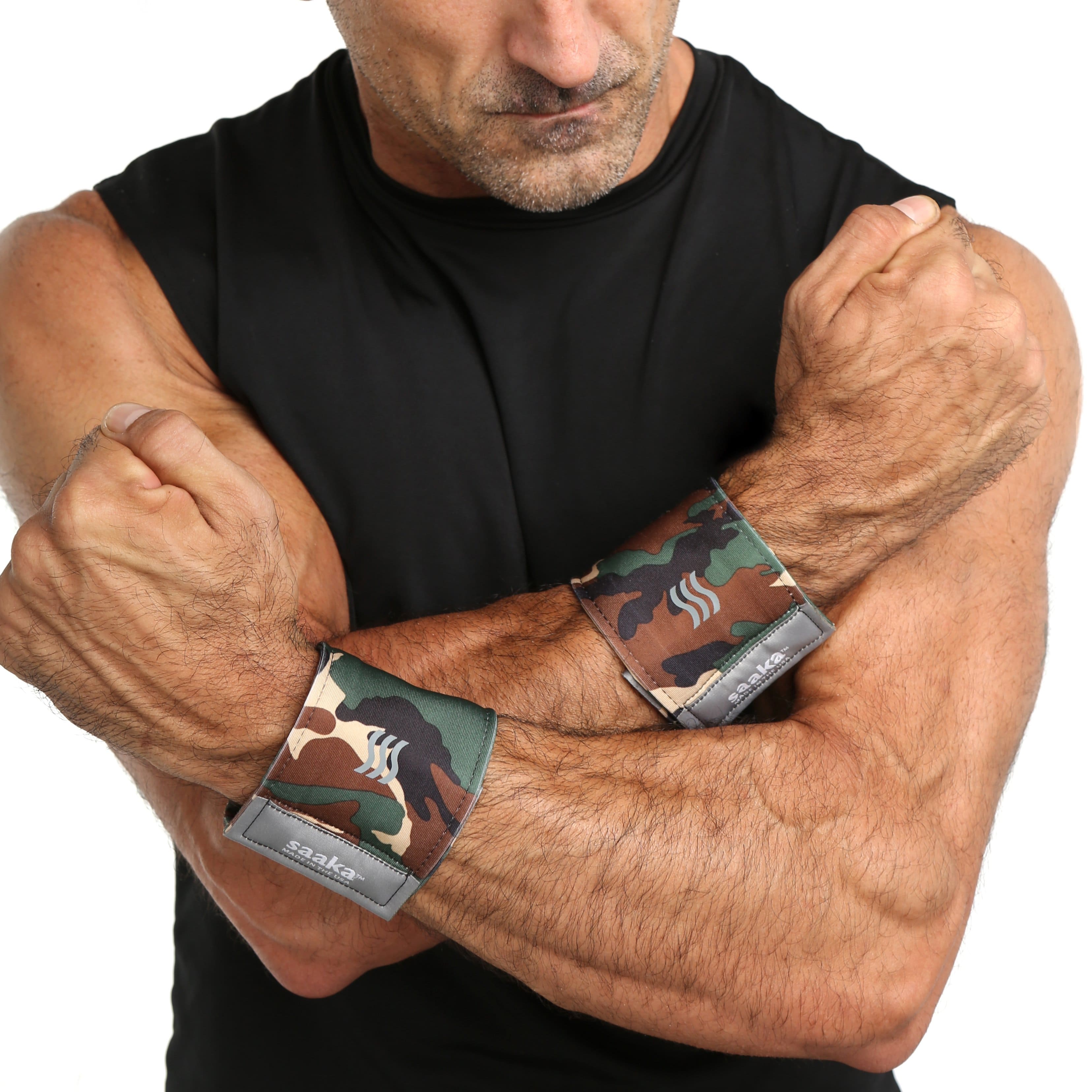 Man wearing camo sweatband wristbands.
