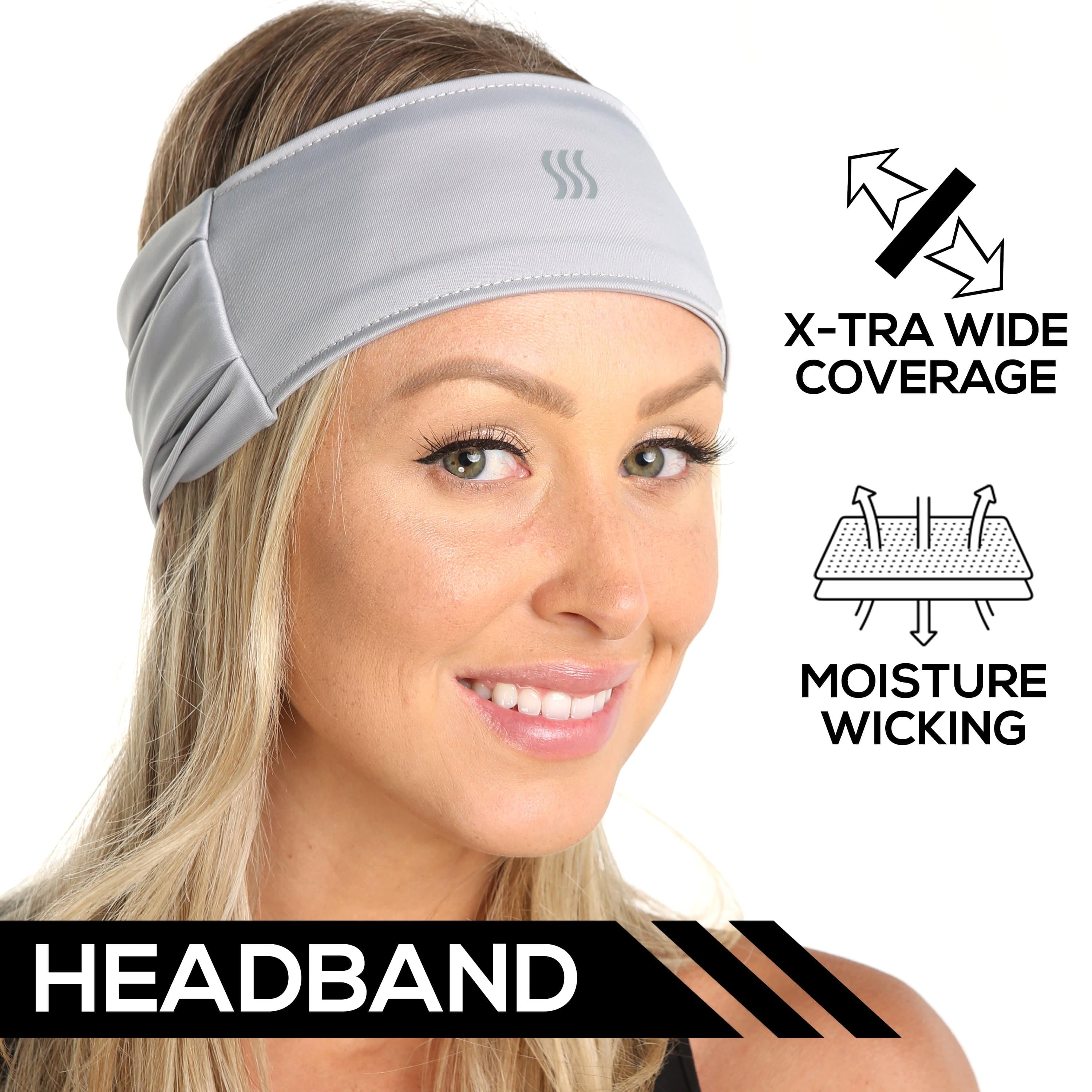 Women wearing an extra wide headband that helps with sweat while doing yoga, running, exercising.