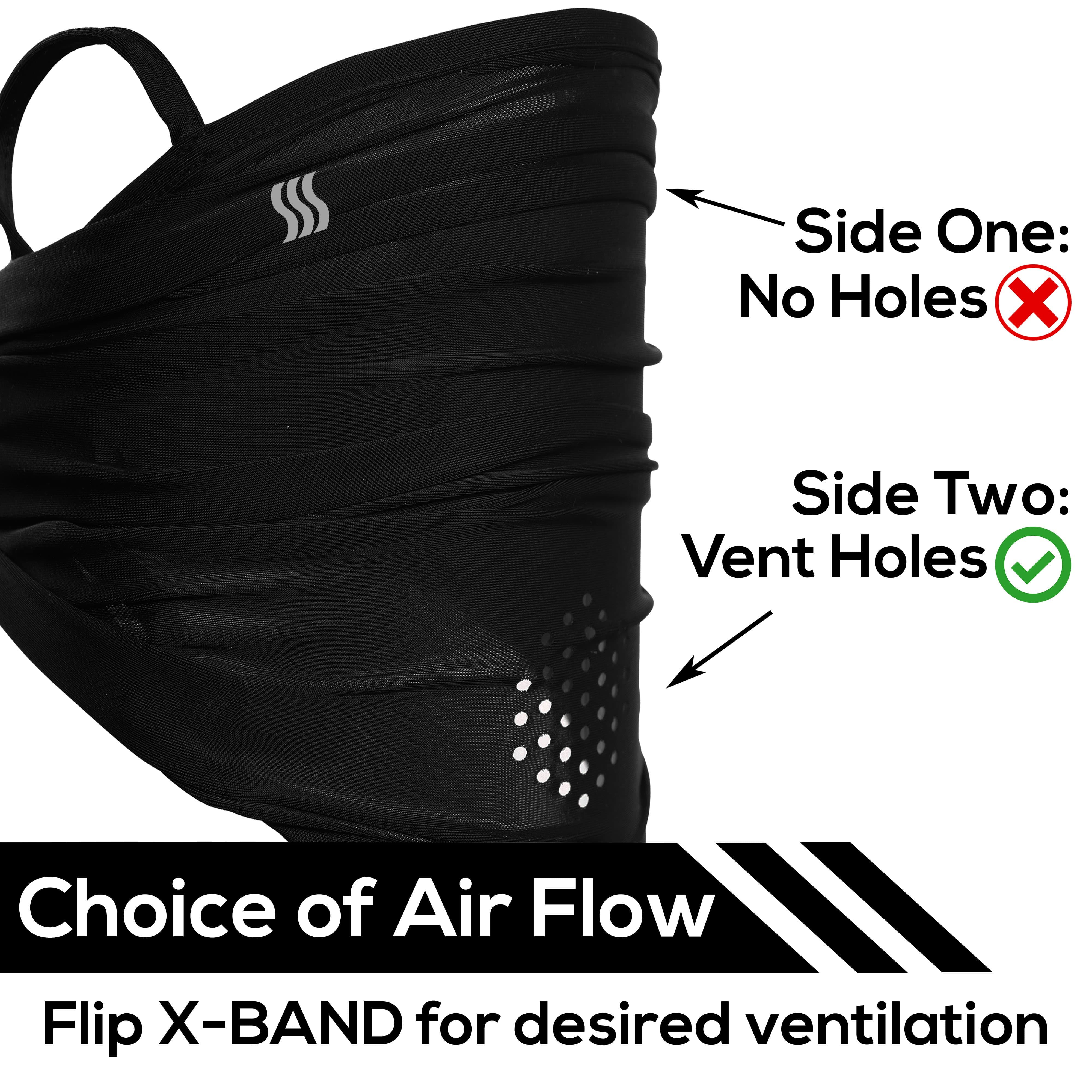 Choice of air flow when wearing this headband as a face mask. You can choose to have air vents or not.