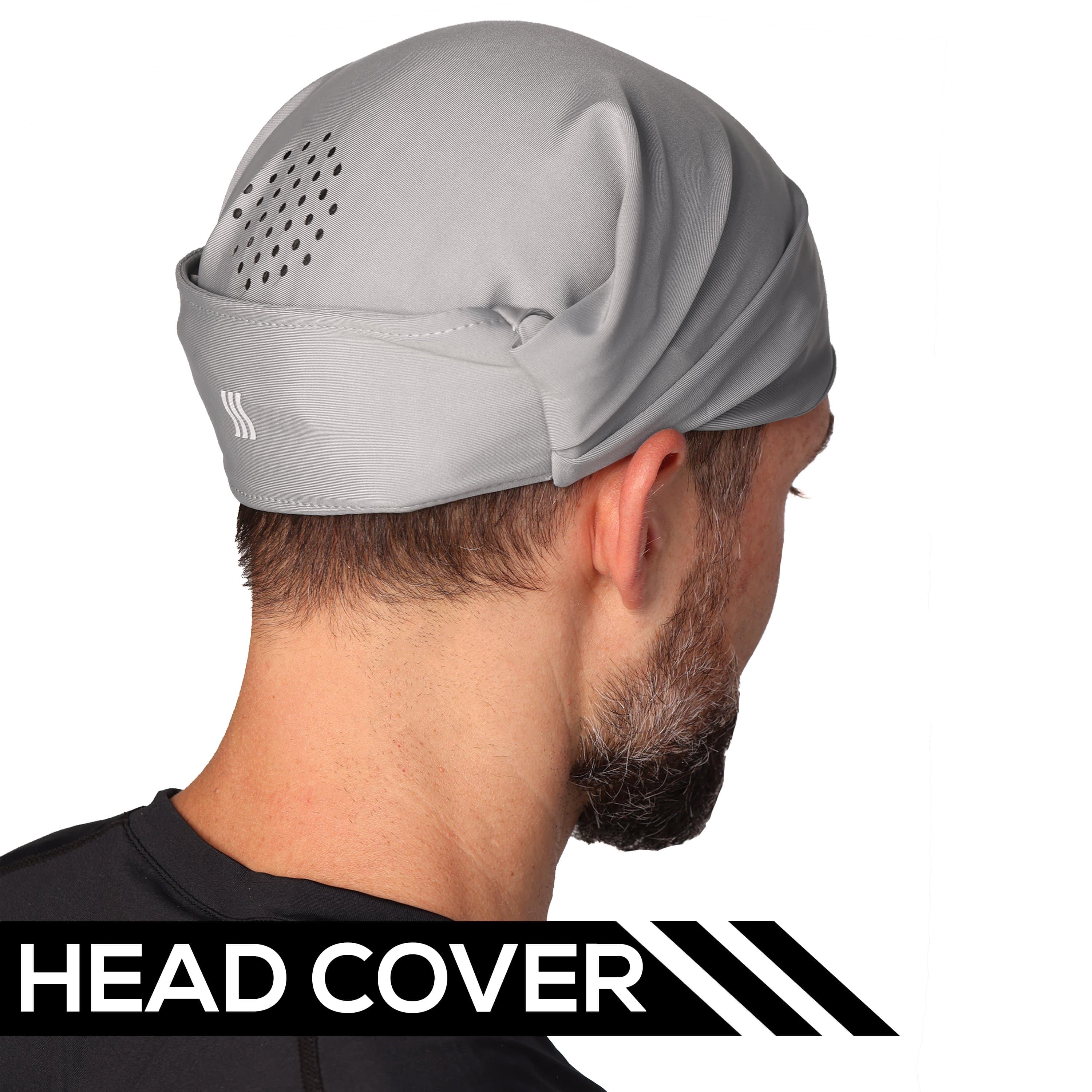 Mens workout headband that acts as a vented head cover if desired.