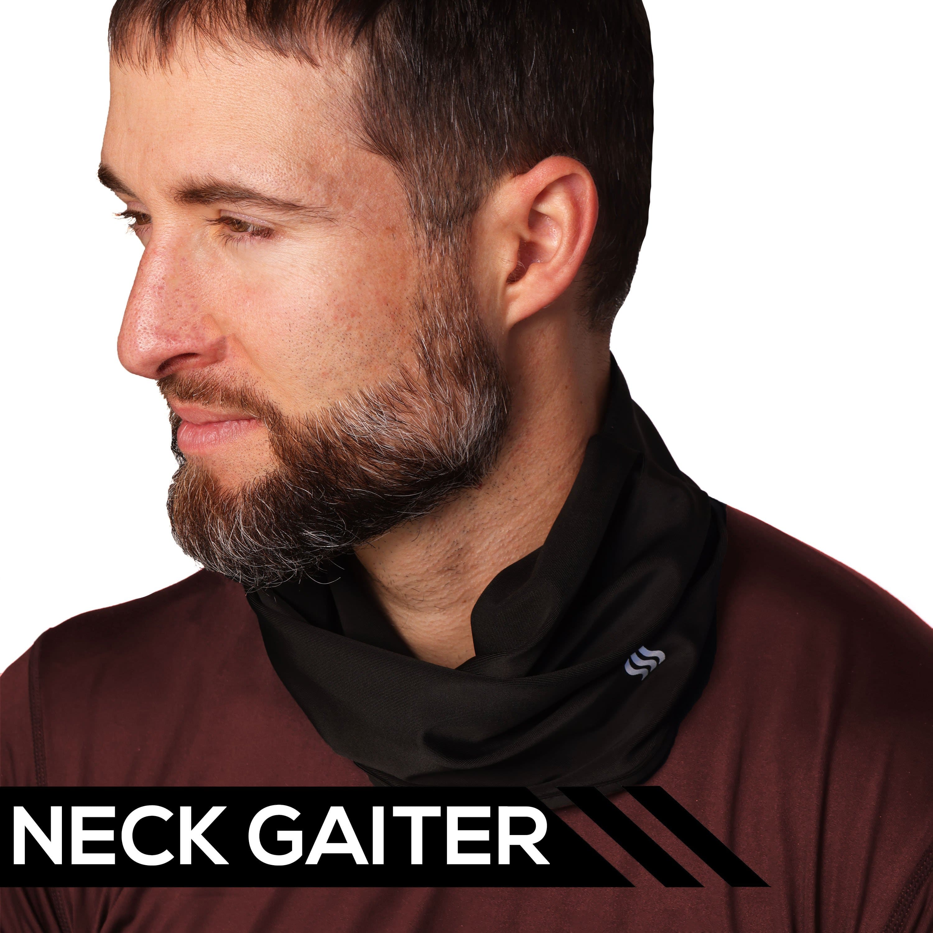 Comfortable black neck gaiter that provides sun protection.