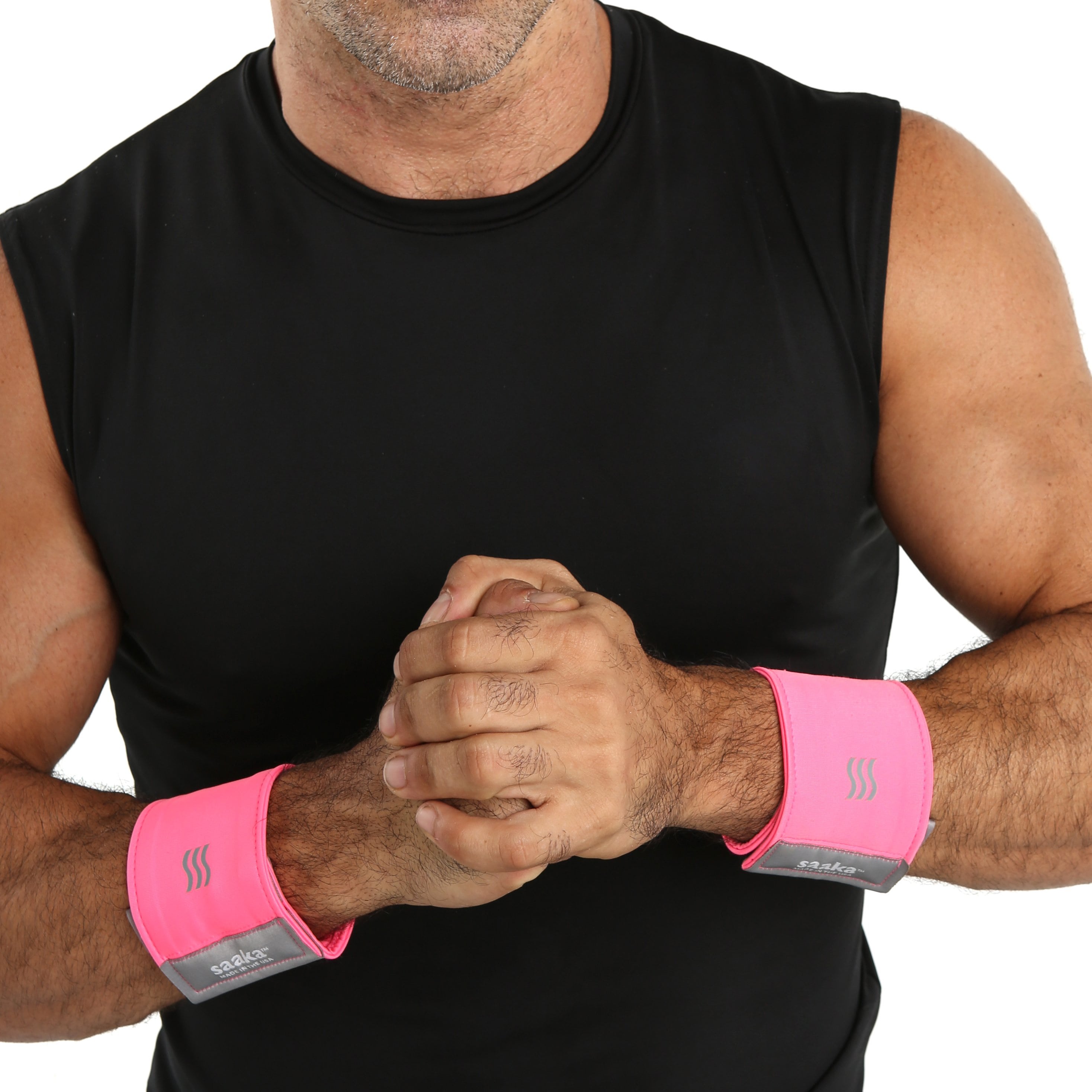 Man wearing pink tennis wristbands.