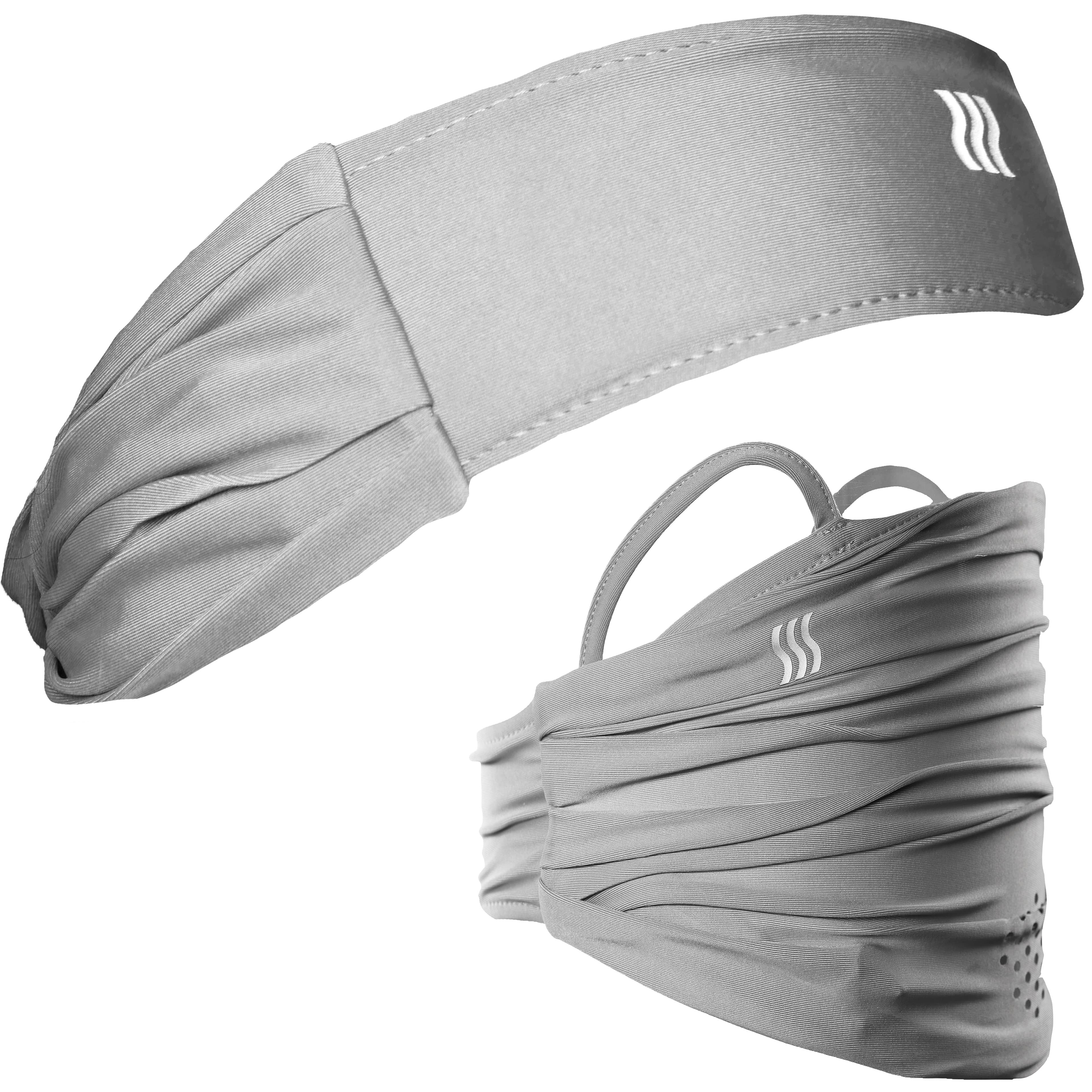 Grey headband that can be worn as a face mask and neck gaiter.