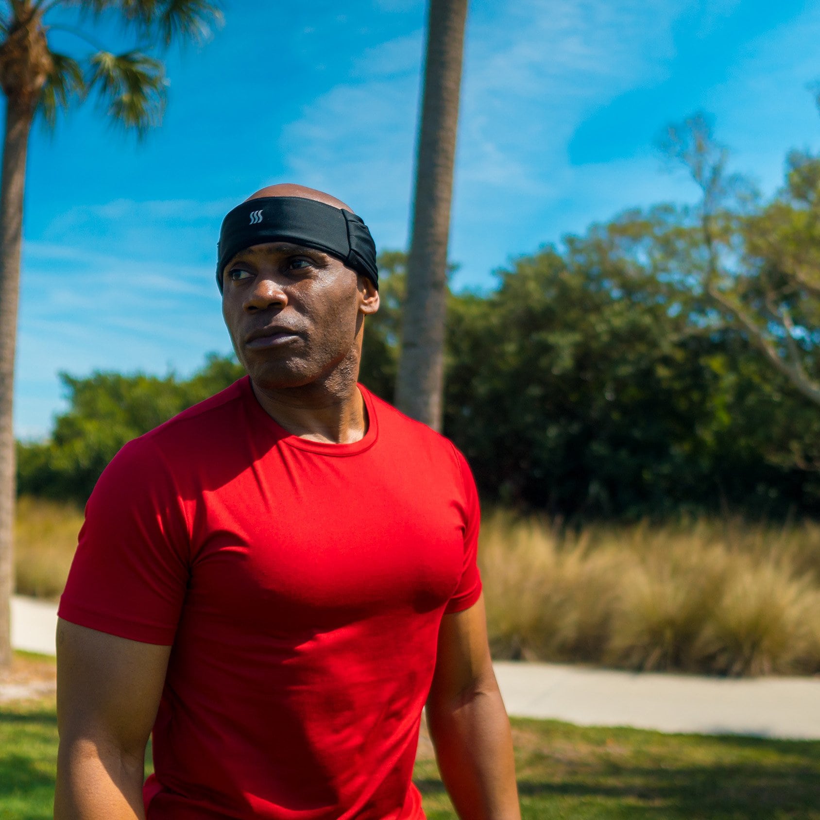 Wide running headband that is sweat wicking.