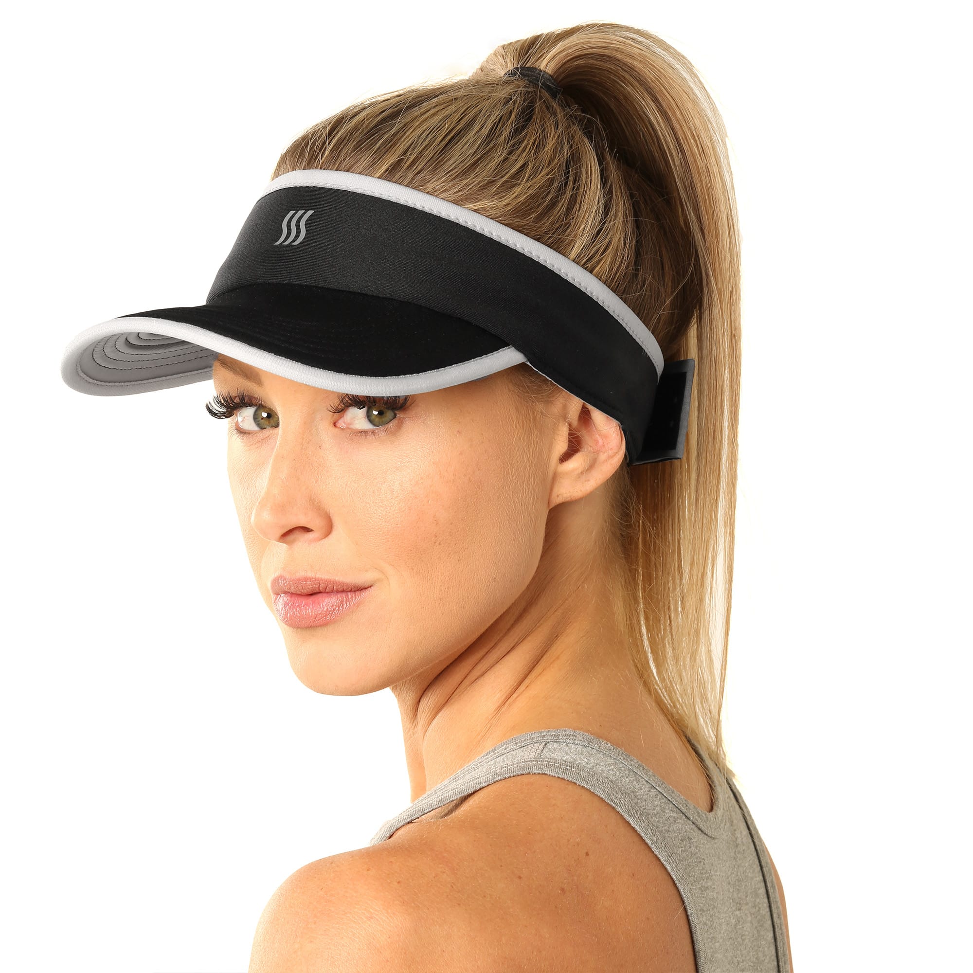 Women modeling a black sport visor